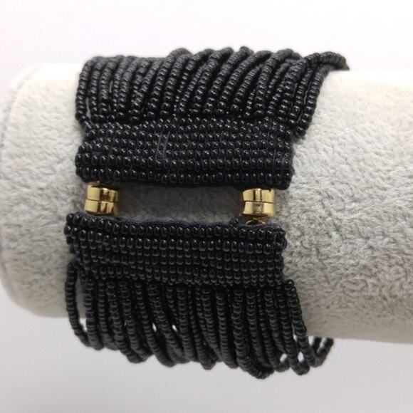 Wide Black Seed Bead Bracelet, 28 Strands, Magnetic Clasp, 7 Inches - Picture 3 of 8